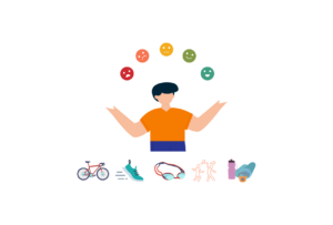 Graphic image of a person juggling emotions and various smaller images of different sports below to symbolize eating disorder physical therapy